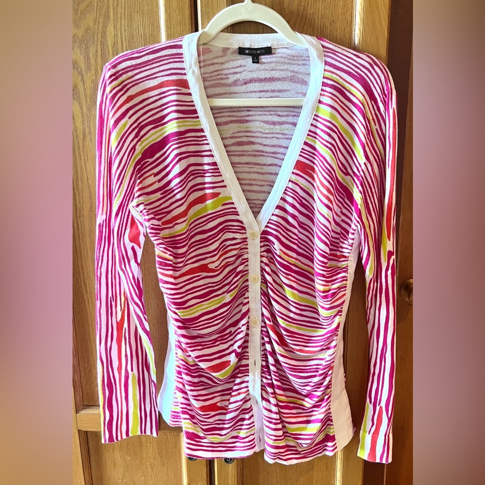 Lafayette 148 New York Red/Pink, Lemon and White Ruched  Cardigan Abstract